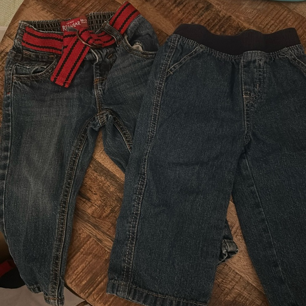 2 pairs of jeans size 18-24 mo (red belt), other is size 18 mo